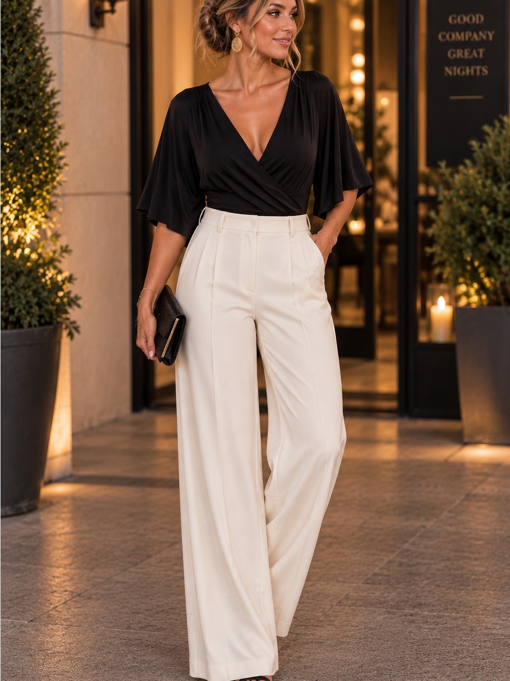 Charlotte Russe Black Wrap Bodysuit with Cream Accents